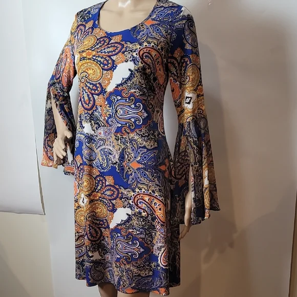 MSK Women's Paisley Mini Dress - Blue, Orange, Yellow - Picture 8 of 13